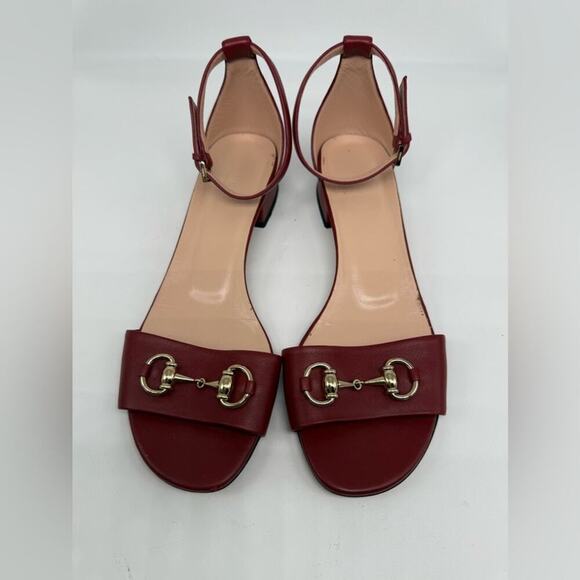 Gucci Burgundy red leather Horsebit ankle strap peep toe low heel sandals EU38.5 - Picture 3 of 11